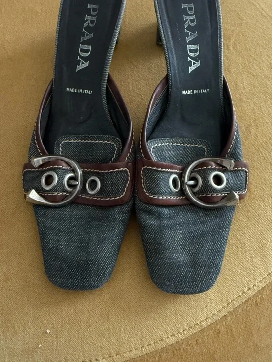 Vintage Prada Denim and Brown Leather Buckle Mules - Picture 4 of 7